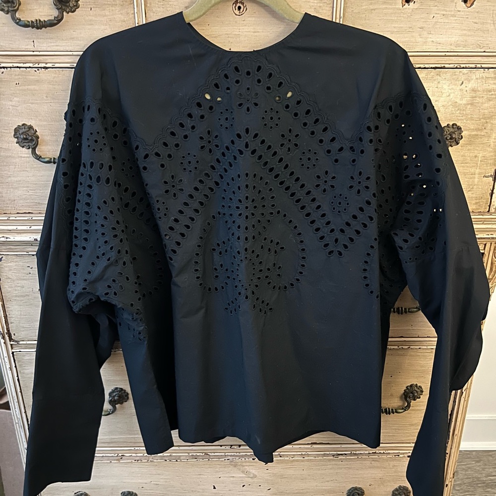 Rachel Comey Black Eyelet Cotton Long Sleeve Top